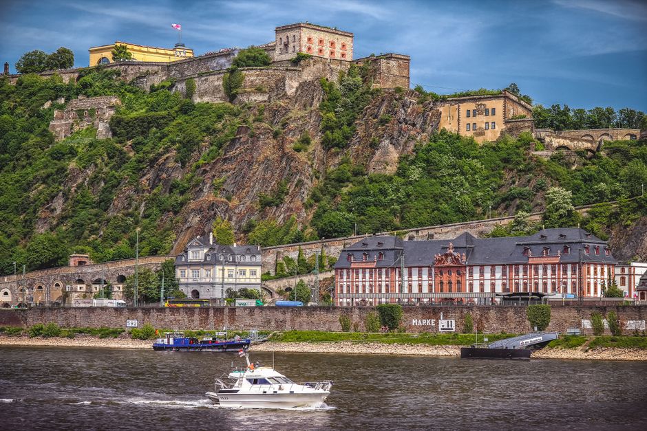 Historic Ehrenbreitstein Fortress above the scenic Rhine River in Germany.